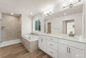 Primary Bath: double sink/vanity, soaking tub, and full tile surround shower.