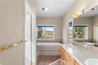 Primary Bathroom from large walk-in closet with door