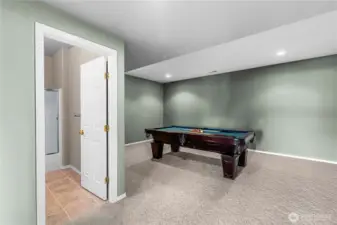 Pool table room / media room next to full bathroom and closet lower level