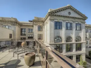 Roof deck with tables, seating and BBQs