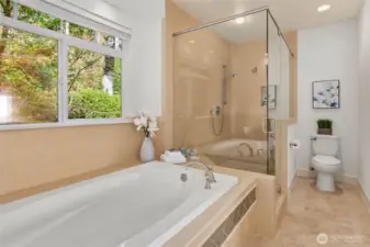 Soaking Tub and Walk-In Shower, Heated Tile Floors