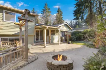 Custom fire pit on large patio