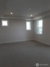Tray ceiling highlights the relaxing primary bedroom