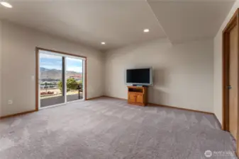 Bedroom #2 on lower level with large walk-in closet and sliding glass door out to the patio.