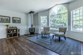 Wood stove in living room.