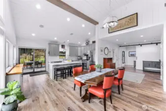View from the living area into dining space and kitchen