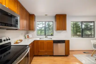 Kitchen windows look out to the trees.