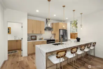 Great oversized peninsula with stunning pendant lighting