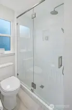 Custom Hand Blown Glass Tile in Shower with Rain Shower Head