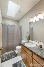 Full guest bath is illuminated with the skylight above.