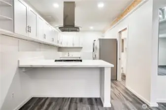 Oh, yes, there's a full kitchen too! Quartz countertops, an electric stove, refrigerator, dishwasher and washer/dryer too. Next to the fridge is a three-quarter bath!