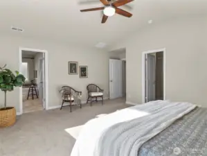 Generously sized primary suite with vaulted ceiling and soft natural light.