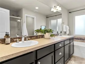 Private ensuite bathroom with dual vanities, soaking tub, and separate shower.