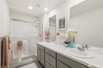 Primary Bathroom, Double sinks and large shower.