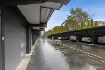 The garage area is accessed by a stairway leading down to the garage, just a few steps from the front door of unit 217.  A super easy connection between your home and your garage.  The building also includes elevators.