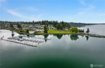 Aerial view of beautiful Carlyon Beach private beach and marina. No big crowds to contend with and easy access and parking near the Clubhouse.