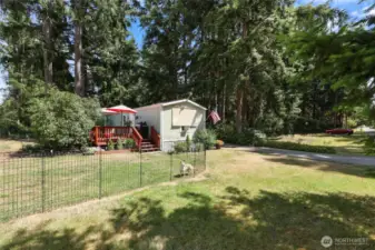 View of back yard with fence.
