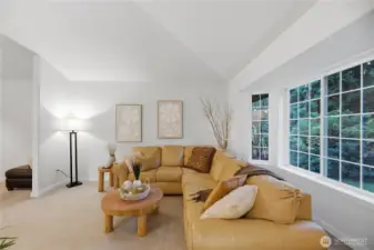 Freshly painted with vaulted ceilings, light bright living room features expensive windows that showcase the natural surroundings.