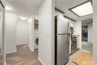 Bright paint & lighting keeps the space cheery