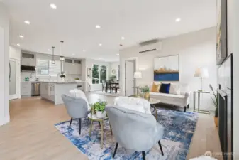 View from Living room to Kitchen with Huge Island and dedicated Dining space