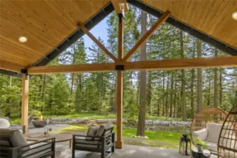 Beautiful covered back porch with protected ravine.