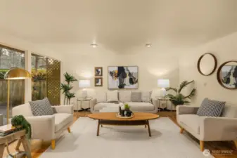 Living room opens to kitchen and dining nook