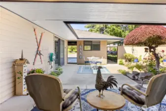 The courtyard patio with garden space and qwaterfeature