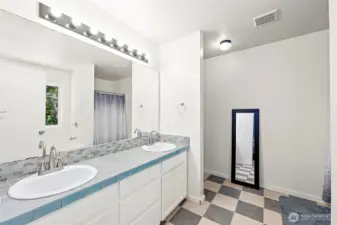 Private bathroom attached to the Primary Suite. Tiled counter on vanity with dual sinks. Walk-in shower and separate soaking tub.