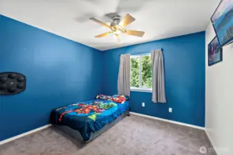 Every bedroom features carpet, white trim, and two accent walls.