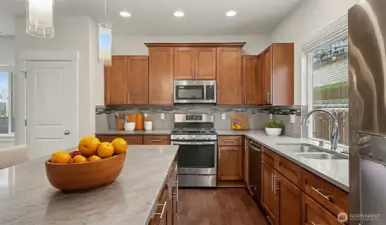 Open gourmet quartz kitchen.