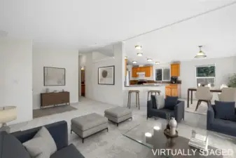 Living looking to king and open kitchen.