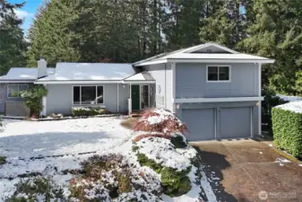 Despite the snow from a March storm, beautiful landscaping at the end of the quiet cul-de-sac.