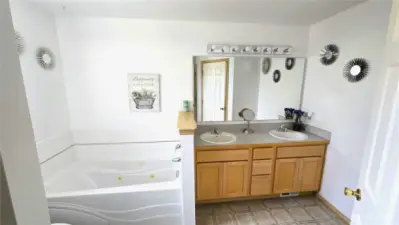 Master Bath with double sink, soaking tub, separate shower and walk in closet