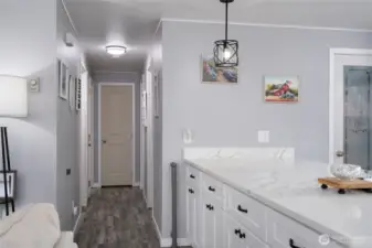 Quartz counters and tons of storage on this oversized peninsula!