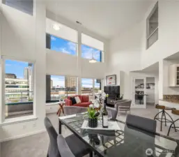 Open concept with high ceilings.