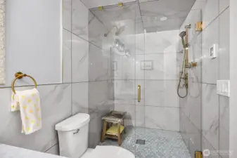 The beautiful double shower with seamless glass door. and brushed gold hardware.