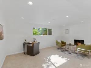 Lower level family room with wood fireplace