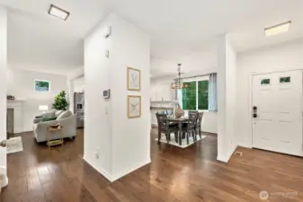 View into kitchen and main living area. High ceilings, modern lighting and tons of natural light.