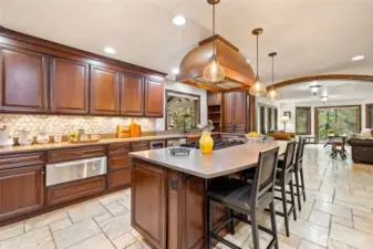 Sleek & Resiliant Caesarstone Quartz with a Modern Roman Flower Mosaic Marble Backspash, beautifully paired with Superior Quality Dura Supreme Custom Cherry Wood Cabinets