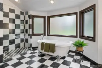 Carrara Italian Marble ~ A Fun Artistic Expression in the Primary 5-piece En-suite