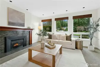 Wall of windows with custom window treatments