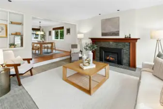 Circular floor plan open to dining room