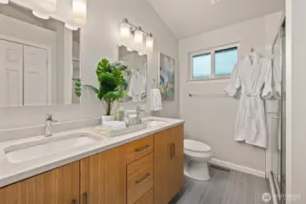 Dual vanities in primary bath.