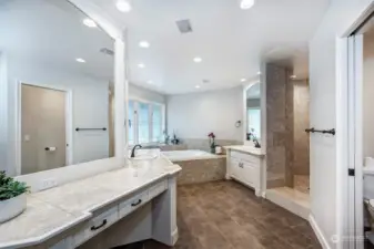 One-Of-A-Kind Primary Bathroom Suite Includes Large Walk-in Shower & Luxurious Soaking Tub.