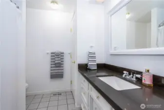 Full main bathroom with built-in linen closet.