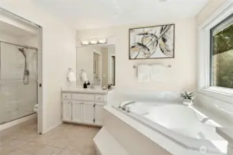 Separate water closet with shower.