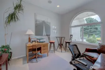 To the right of the entry is an office