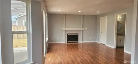 Family room features gas fireplace