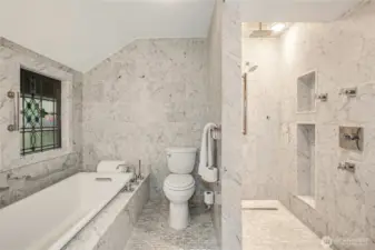 Bath is 100% White Marble with heated floors throughout…