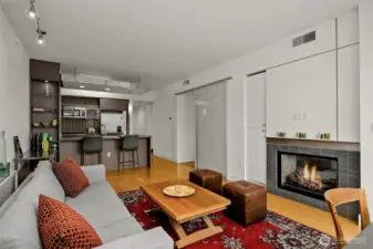 A two sided gas fireplace. Cozy for living room and bedroom.